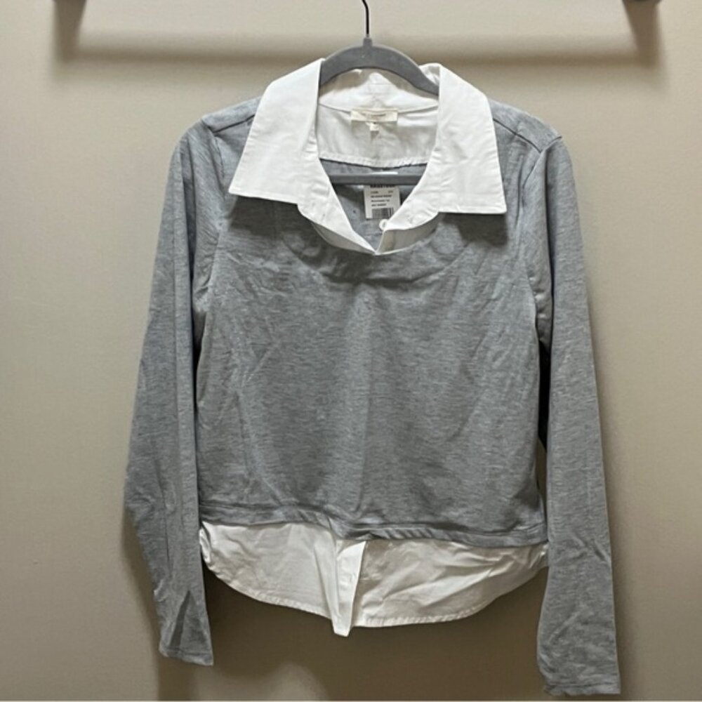 Layered Look Grey Crewneck Sweater with White Shirt Detail